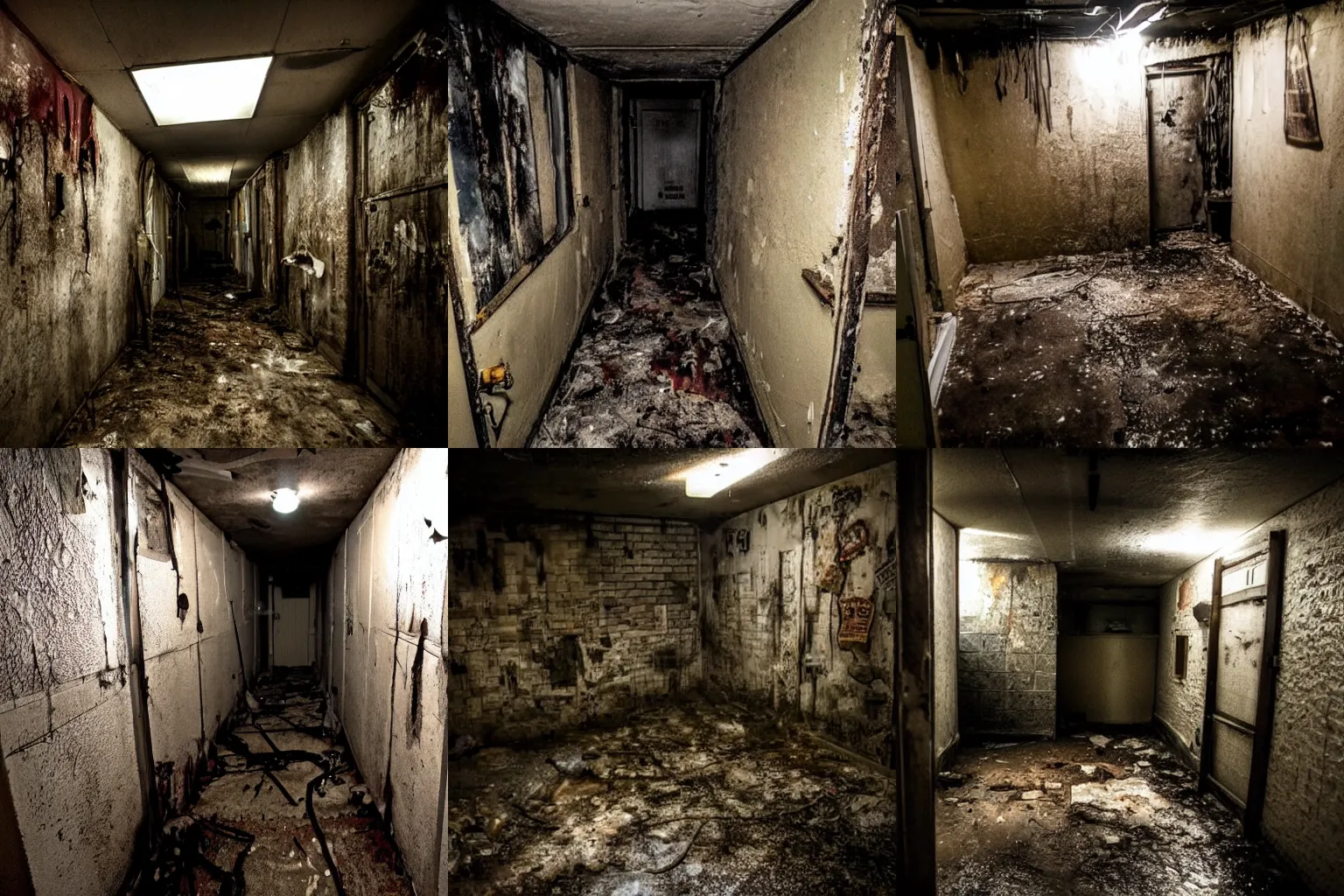 Prompt: Inside the basement of a serial killer. Dark grimy walls, wet and dirty floor