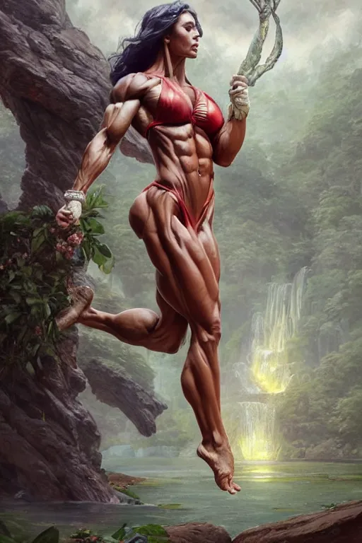 Image similar to goddess of nature, accurate anatomy, IFBB fitness body, only two hands, highly detailed, digital painting, artstation, concept art, smooth, sharp focus, illustration, Unreal Engine 5, 8K, art by art by artgerm and greg rutkowski and edgar maxence