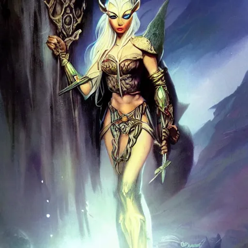 Image similar to elven queen character full body portrait by frank frazetta, fantasy, dungeons & dragons, sharp focus, beautiful, artstation contest winner, detailed