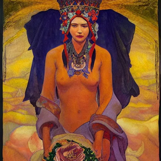Image similar to the night crown and lantern, by Annie Swynnerton and Nicholas Roerich and Diego Rivera, flowing robes, floral tattoos, elaborate costume, geometric ornament, symbolist, soft colors, dramatic lighting, smooth, sharp focus, extremely detailed