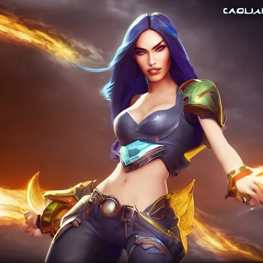 Image similar to action shot of megan fox as cailtlyn ( league of legends ). 3 d octane render trending on art station, very detailed