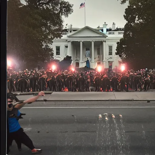 Prompt: 4 k hdr polaroid meteroid shower falling over the white house with an angry mob of protestors filling the streets at night time during a blackout with torch lit streets