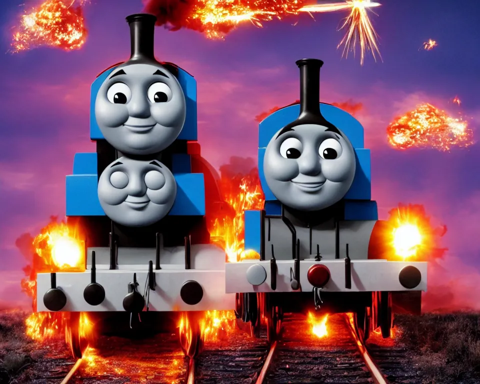 Image similar to thomas the tank engine exploding, movie poster