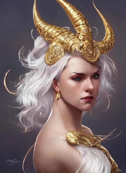 Image similar to fullbody!! dynamic movement pose, beautiful woman with white hair, big natural horns on her head, gold jewellery, dnd, face, fantasy, intricate, elegant, highly detailed, digital painting, artstation, concept art, smooth, sharp focus, illustration, art by artgerm and greg rutkowski and alphonse mucha