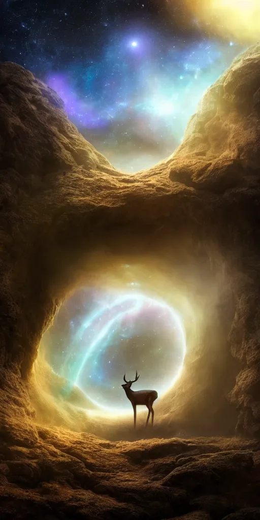 Image similar to a deer peering into a giant portal into the universe in the shape of a keyhole to the nebulae and galaxies, beautiful matte painting by weta workshop 4 k, cinematic dramatic atmosphere, dramatic lighting, trending on artstation