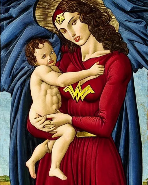 Image similar to Wonderwoman Gal Gadot, as the Madonna by Botticelli