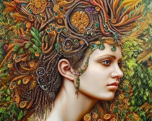 Prompt: A beautiful goddess, queen of nature, Gaia, intricate and ornate details, detailed, hyper-realistic, oil on canvas, surreal