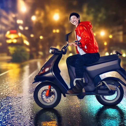 Prompt: Photorealistic photograph of Naruto smiling while driving a moped during a rainy night, 35mm photograph, realistic, heavy detail