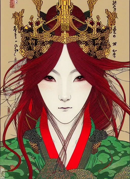 Image similar to a beautiful ukiyo - e portrait of a beautiful cyberpunk elven queen with long red hair, wearing green, red and gold ornate dress, golden intricate crown. detailed symmetrical close up portrait, intricate complexity, concept art, by takato yamamoto, wlop, krenz cushart. cinematic dramatic atmosphere, sharp focus