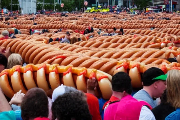 Image similar to a strangely coiled hotdog being grasped by thousands of hands