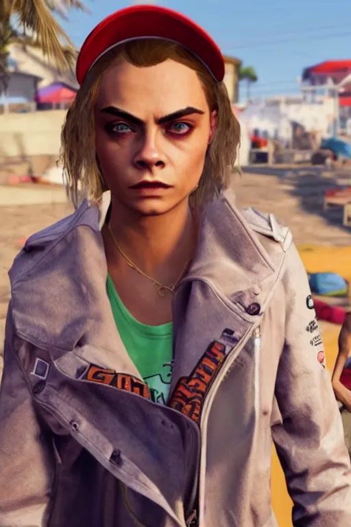 Image similar to Cara Delevingne as a GTA V NPC in Vespucci Beach, in game capture. 3D Render.