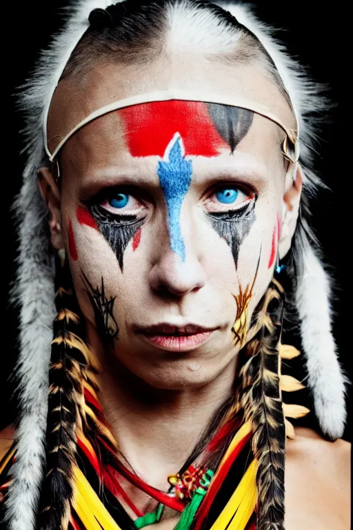 Prompt: Photo of Native American indian woman Yolandi Visser, portrait, skilled warrior of the Apache, ancient, realistic, detailed, Yolandi Visser