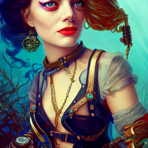 Image similar to underwater steampunk pirate portrait of emma stone, pixar style, by tristan eaton stanley artgerm and tom bagshaw.