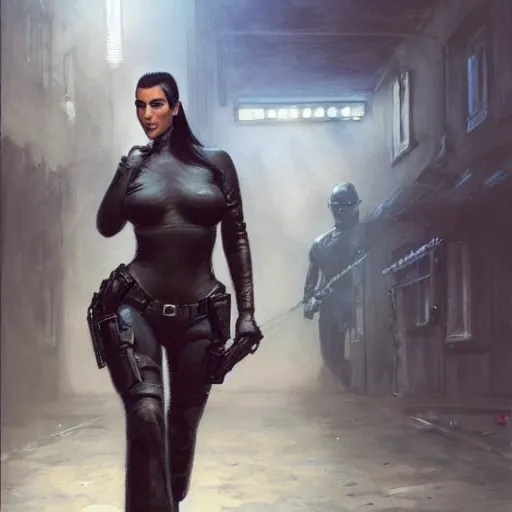 Image similar to kim kardashian as a cop, police uniform, full body view, full pov, haunted house interior, pretty, aesthetic, dust molecules, matte detailed photo, DeviantArt, Artstation, by donato giancola, ralph horley, loish, cinematic lighting