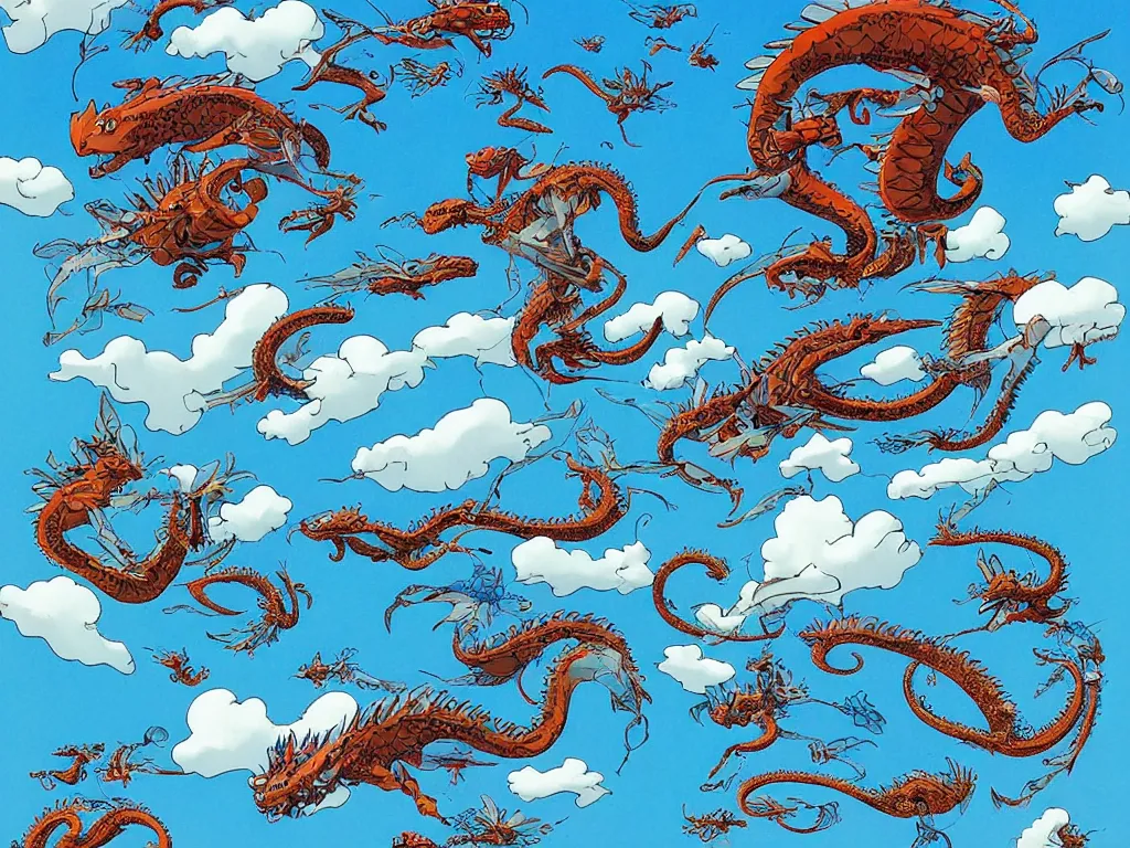 Prompt: blue dragon flying in the clouds, by Geof Darrow and Roger Dean, science fiction, trending on artstation