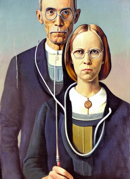 Image similar to a painting by grant wood of an astronaut couple, american gothic style