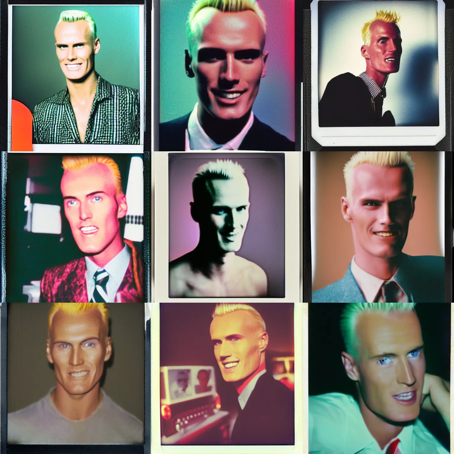 Prompt: instax polaroid film photo of max headroom appearing on MTV 80s nostalgia, faded glow, expired film analog photography, grainy texturized dusty, saturated colorized