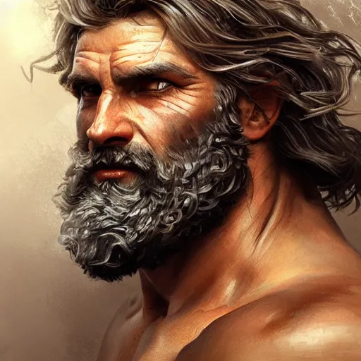 Image similar to portrait of rugged zeus, greek god, salt and pepper hair, soft hair, d & d, muscular, hairy torso, fantasy, intricate, elegant, highly detailed, digital painting, artstation, concept art, smooth, sharp focus, illustration, art by artgerm and greg rutkowski and alphonse mucha