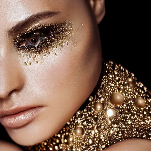 Prompt: close up of face of a fashion model with golden droplets on face in luxury dress, black background, official valentino editorial, highly detailed