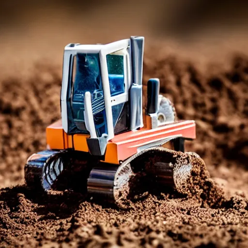 Prompt: toy excavator riding on dirt, 3 3 mm close up photo