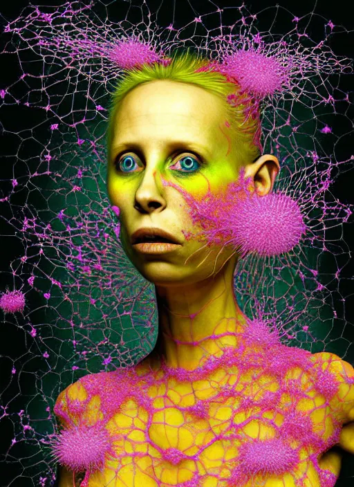 Image similar to hyper detailed 3d render like a Oil painting - Yolandi Visser seen Eating of the Strangling network of yellowcake aerochrome and milky Fruit and Her delicate Hands hold of gossamer polyp blossoms bring iridescent fungal flowers whose spores black the foolish stars by Jacek Yerka, Mariusz Lewandowski, Houdini algorithmic generative render, Abstract brush strokes, Masterpiece, Edward Hopper and James Gilleard, Zdzislaw Beksinski, Mark Ryden, Wolfgang Lettl, hints of Yayoi Kasuma, octane render, 8k