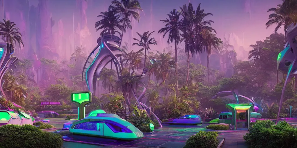 Image similar to 80s futuristic outdoor retro arcade, desolate, lush vegetation:: by beeple and James Gilleard and Justin Gerard :: ornate, dynamic, particulate, intricate, elegant, highly detailed, centered, artstation, smooth, sharp focus, octane render, 3d