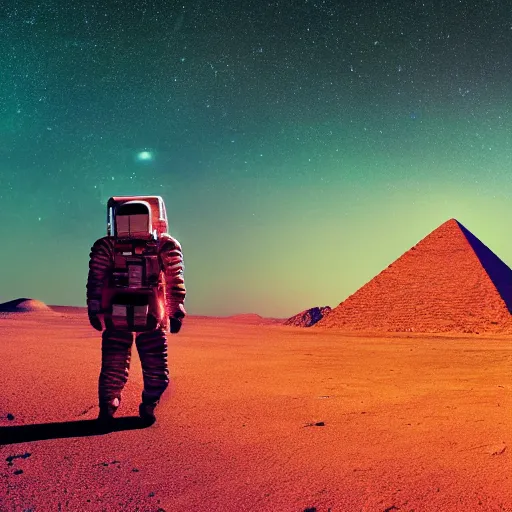 Prompt: an astronaut walking towards a pyramid in the desert, nighttime, star filled sky, trending on artstation, 8 k, ultra wide angle, zenith view, pincushion lens effect