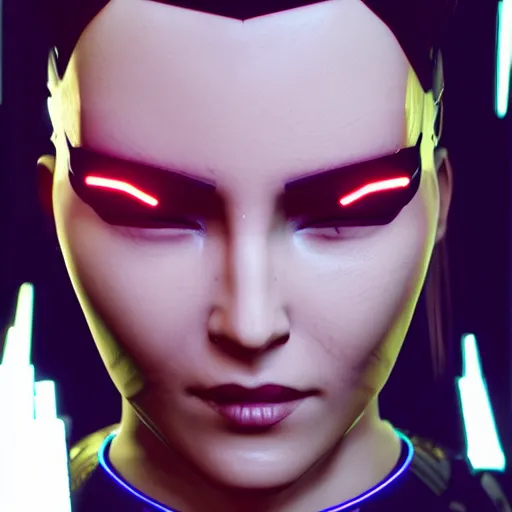Image similar to headshot of female V from cyberpunk 2077 wearing thick steel choker around neck, 4K, detailed face, collar on neck, realistic, artstation, neon,