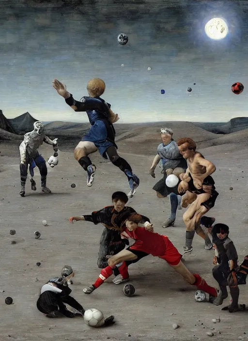 Image similar to a soccer match on the moon by edgar maxence and caravaggio and michael whelan and delacroix style, artistic, intricate painting, cinematic lighting, hyper realistic, extremely detailed, establishing shot, 8 k resolution, dramatic lighting