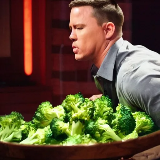 Image similar to Channing Tatum afraid of broccoli
