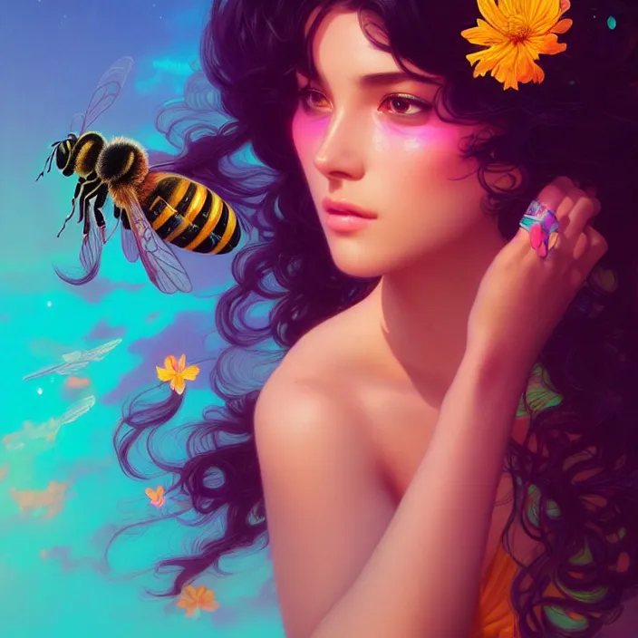 Image similar to young beautiful woman, gorgeous face, vaporwave aesthetic, synthwave, colorful, psychedelic, artstation, flowers, bees, concept art, smooth, extremely sharp detail, finely tuned detail, 8 k, unreal engine 5, ultra sharp focus, illustration, art by artgerm and greg rutkowski and alphonse mucha