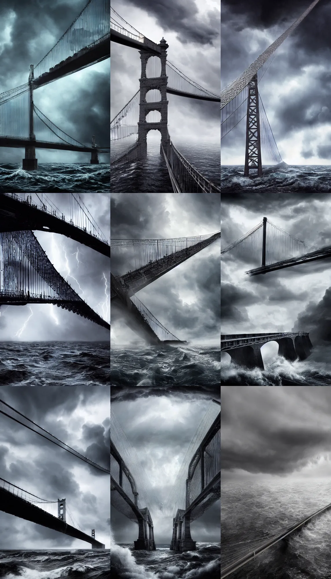 Prompt: Epic Realistic Eerie picture of a huge suspension bridge over stormy ocean, ocean waves, storm, lighting, beautiful detailed stormy clouds over a huge bridge over troubled dark water, Elaborate, Highly Detailed Architecture trending on Artstation hyperdetailed detailed matte painting Unreal Engine Art of Illusion mysterious ominous ethereal expansive, 4K 64 megapixels 8K resolution DSLR HDR Cinema 4D IMAX detailed hyperdetailed photorealistic concept art detailed painting deviantart hyperrealism trending on Artstation Unreal Engine,landscape polished photorealistic landscape polished photorealistic Photorealism, lifelike Geometric, realistic, amazing depth expansive realistic photo-like painting by Caspar David,highly intricate, sophisticated and complex digital painting, hyperrealism, Cinema 4D, 8k resolution, 64 megapixels, CGSociety, ZBrushCentral, behance HD, hypermaximalist, a masterpiece,erie disturbing anxious epic amazing disturbing causing anxiety,soft focus macro lens macro photography panorama golden hour filmic long exposure Art of Illusion Artrift AutoCAD rendered in Blender shadow depth Sketchlab r/Art deviantart