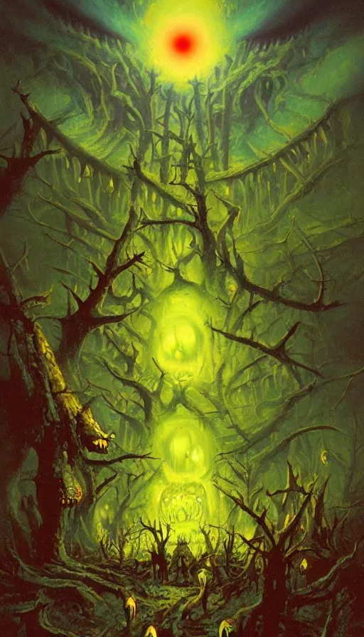 Prompt: a storm vortex made of many demonic eyes and teeth over a forest, by paul lehr,