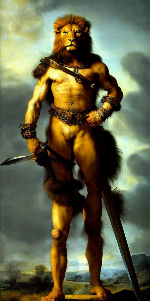 Prompt: muscular lion as barbarian hunter with chest armor and shiny sword , full human hairy body , backlight body , extreme very textured detailed panoramic portrait oil painting by rembrandt, sunset, dramatic clouds and cyan atmosphere