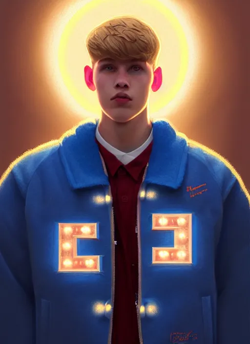 Image similar to portrait of high school senior boy named big moose, blonde short hair, jock, beefy, wide face, square jaw, square facial structure, blue varsity jacket with letter r, intricate, elegant, glowing lights, highly detailed, digital painting, artstation, concept art, sharp focus, illustration, art by wlop, mars ravelo and greg rutkowski