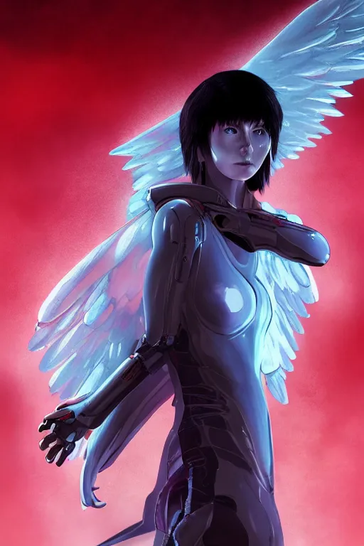 Image similar to white arc-angel with mystic robotic wings, blade runner, akira with red hair, ghost in the shell, 2077, ultra detailed, digital art, 8k ,character ,realistic, portrait, hyperrealistic