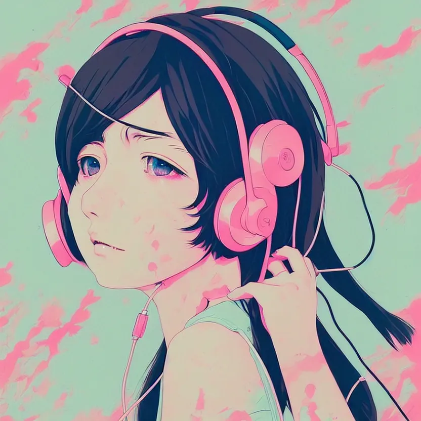 Prompt: girl with headphones, very anime!!! anime!! intricate details, aesthetically pleasing pastel colors, poster background, art by conrad roset and ilya kuvshinov
