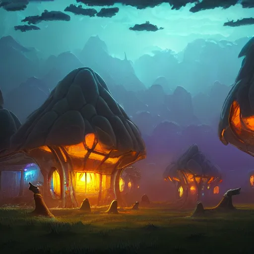 Image similar to concept art painting of a fantasy alien nighttime landscape of houses made of mushrooms, with glowing blue lights, dark purple sky, realistic, detailed, cel shaded, in the style of makoto shinkai and greg rutkowski and albert bierstadt and james gurney