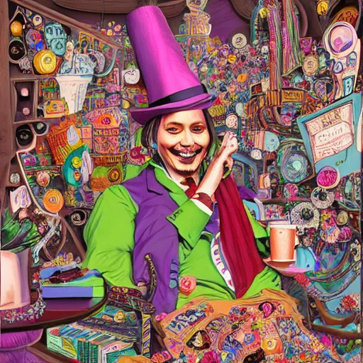 Image similar to Johnny Depp is covered in a blanket and drinking tea in Willy Wonka's Chocolate Factory, Illustration, Colorful, insanely detailed and intricate, super detailed, by Lynn Chen