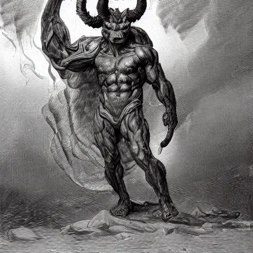 Image similar to full body grayscale drawing by Gustave Dore of muscled humanoid balrog beast with horns in heroic pose, swirling flames in background