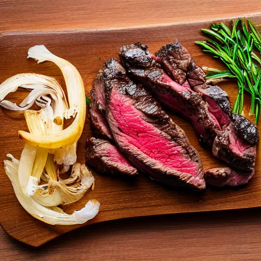 Prompt: juicy steak topped with salt on wooden board, fried onion on the side, 8 k resolution, professional food photography, studio lighting, sharp focus, center frame, hyper - detailed