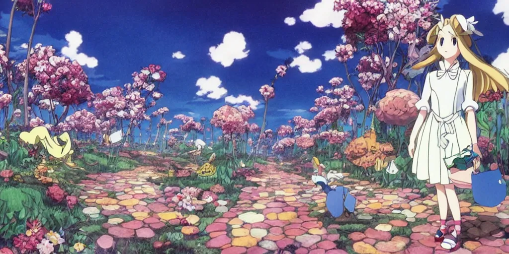 Image similar to alice in wonderland anime made by hayao miyazaki, dreamy, bright, colorful