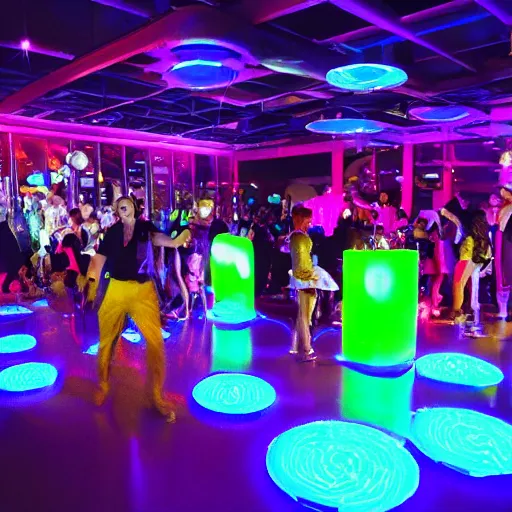 Prompt: futuristic night club with a light up dance floor and puppies dancing