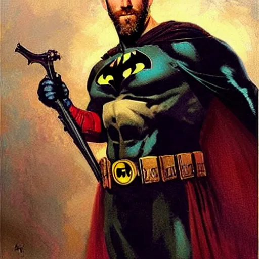 Image similar to ryan reynolds ( ( ( ( ( ( beard ) ) ) ) ) ), ( ( ( ( facial hair ) ) ) ), putting on a batman costume, painting by gaston bussiere, craig mullins, j. c. leyendecker