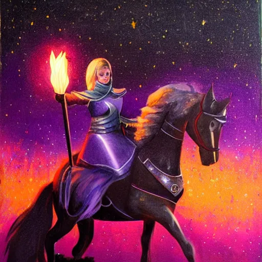 Prompt: female knight riding a horse, holding a violet torch that lights up the dark forest during the night painting