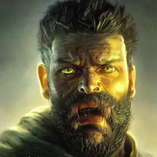 Image similar to portrait painting of a post apocalyptic man, bald, black beard, handsome, ultra realistic, concept art, intricate details, eerie, highly detailed, fallout, wasteland, photorealistic, octane render, 8 k, unreal engine 5. art by artgerm and greg rutkowski and alphonse mucha