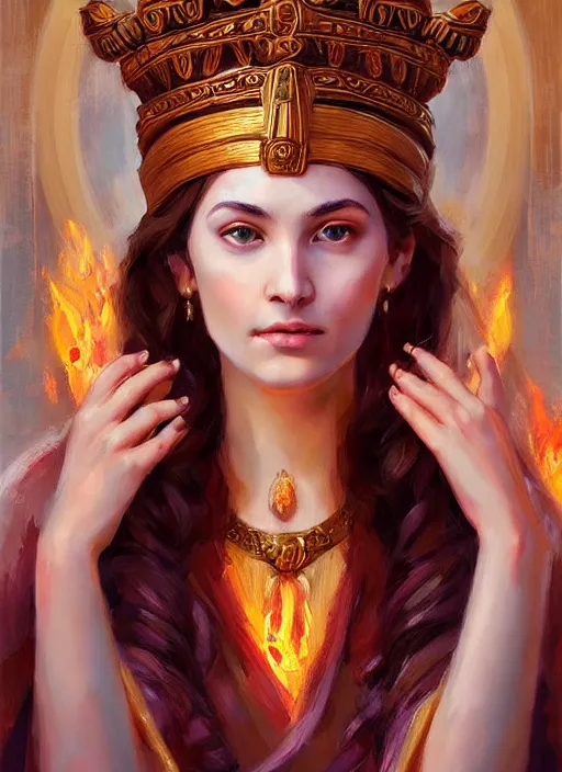 Prompt: Portrait of a beautiful priestess from the oracle of Delphi, looking into the flames, greek mythology, high face detail, in the style of Julia Ustinovich, digital art, Vladimir Volegov