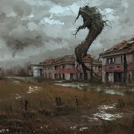 Image similar to painting of a abandoned post soviet town infested with humanoid root monsters by jakub rozalski