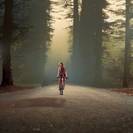 Image similar to Sadie Sink (Maxine Mayfield) from Stranger Things riding her bike in the middle of the street with forest in the background, looking straight ahead, her bike's flashlight illuminating the ground, realistic, extremely high detail, photorealistic, no shadows, 8k