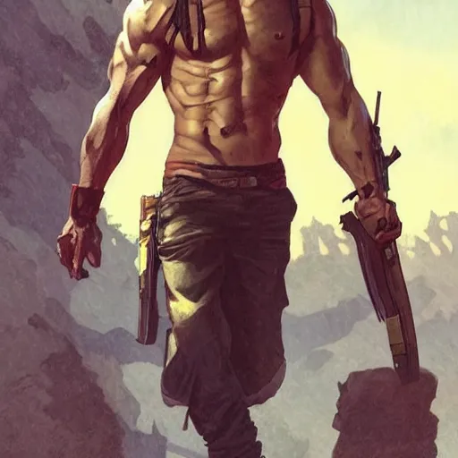 Prompt: a rugged edgy teen assassin, male, muscular, slim build, handsome, hoodie, art by Artgerm and Greg Rutkowski and Alphonse Mucha, cycles render